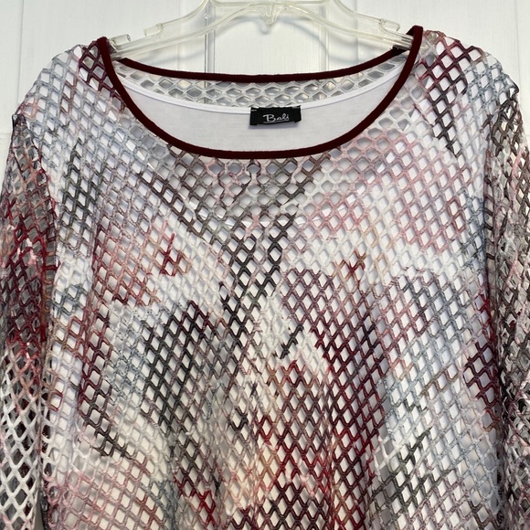 Bali Corp 3/4 sleeve Blouse Layered Size Large made in Canada Pink Burgundy Mesh - Picture 2 of 13